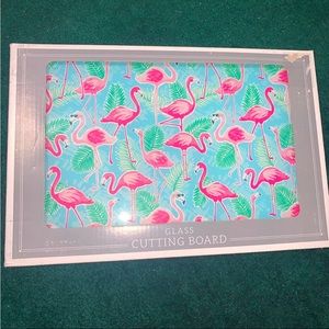Funky flamingos sunglasses palm leaves turquoise glass cutting board summer